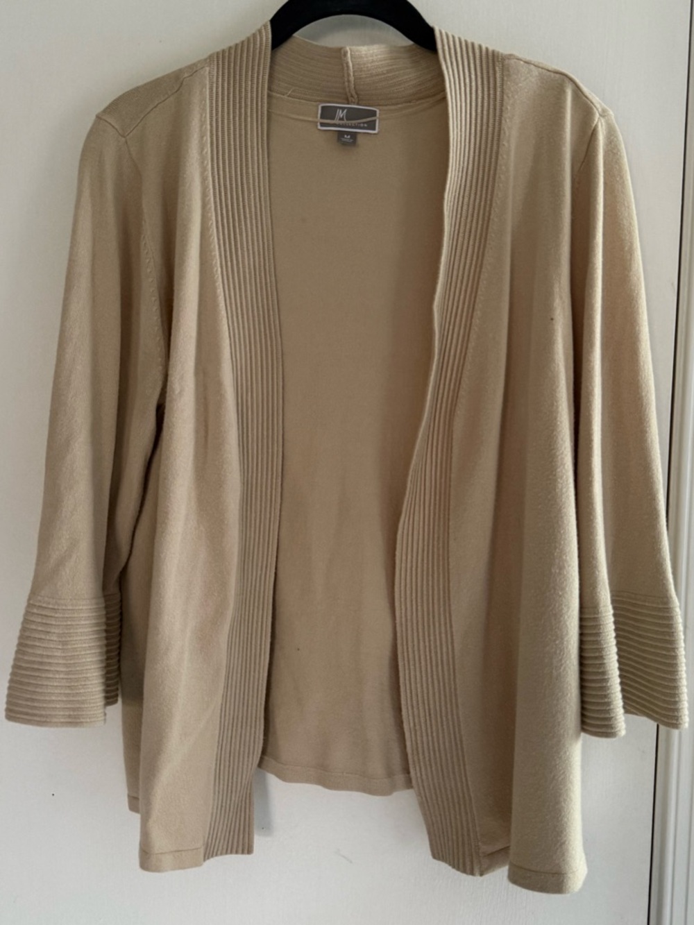JM Collection Beige Open-Front Ribbed Trim Cardigan Size M